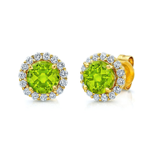 Round Peridot & Diamond Earrings In 14k Yellow Gold