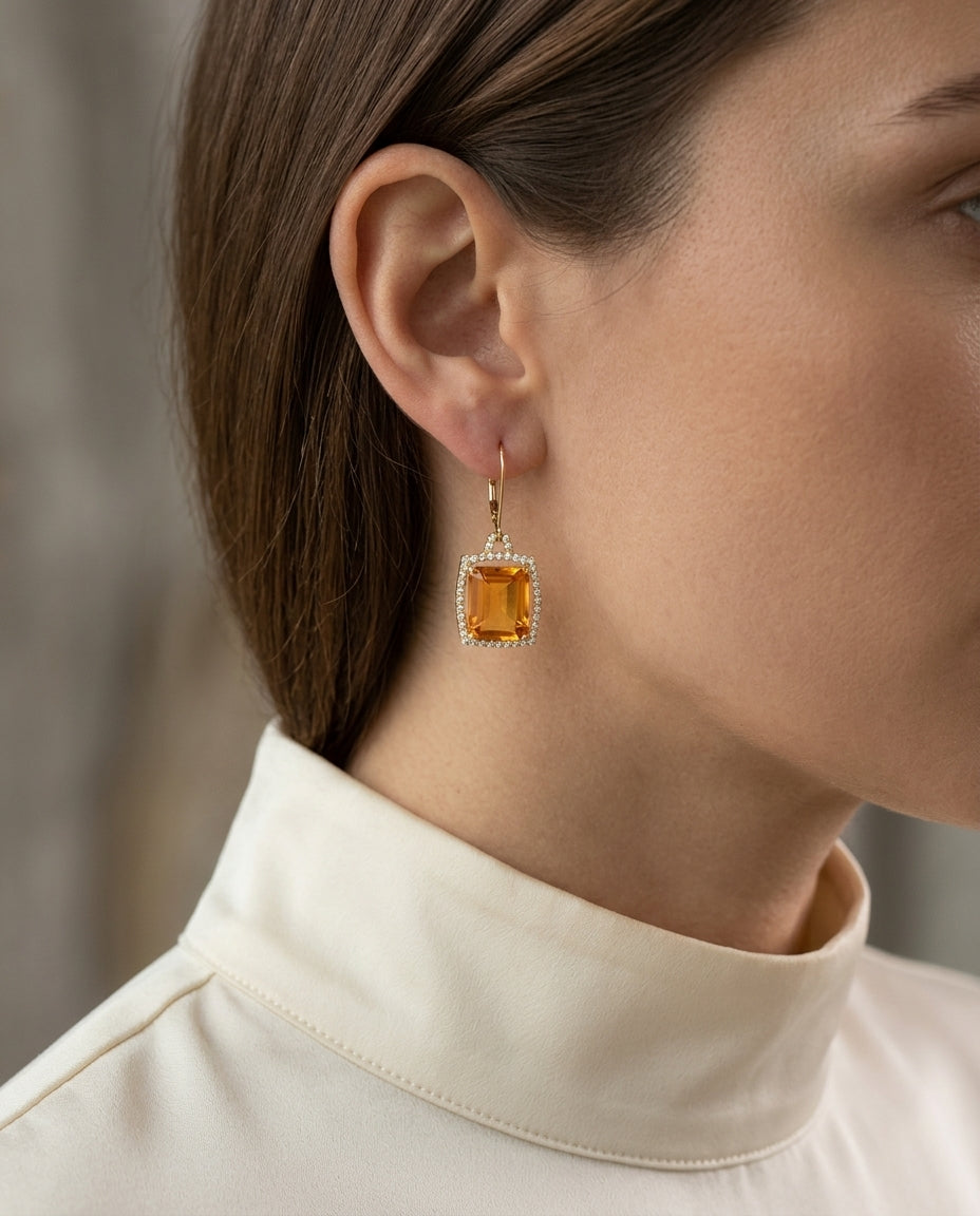 Citrine & Diamond Drop Earrings In 14k Yellow Gold — editorial close-up