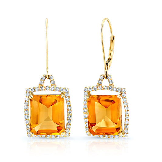 Citrine & Diamond Drop Earrings In 14k Yellow Gold