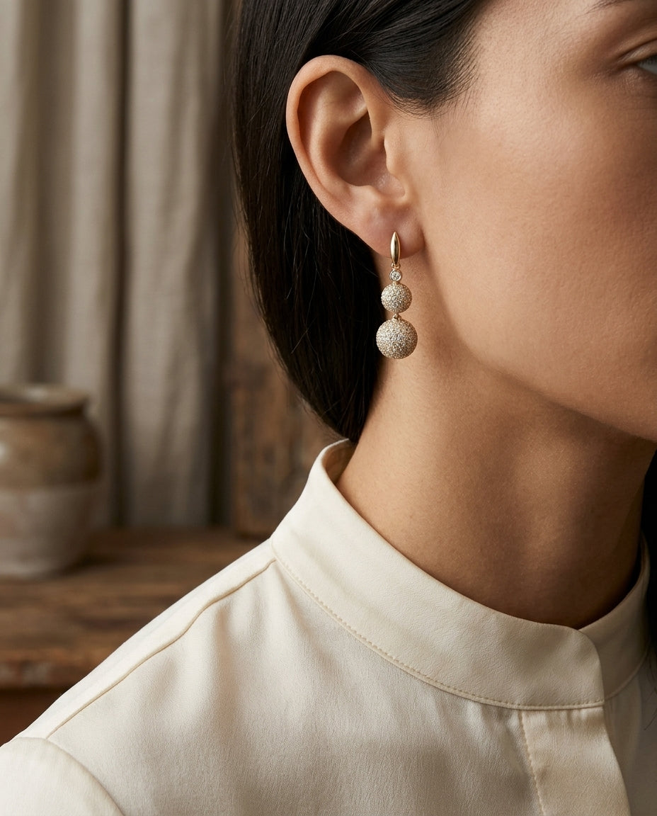 Diamond Glisten Ball Dangle Earrings In 14k Yellow Gold — editorial close-up