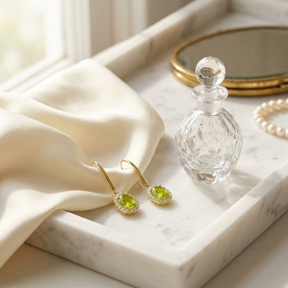 Peridot and Diamond Oval Halo Leverback Earrings in 14k Yellow Gold 1/4ctw — marble silk