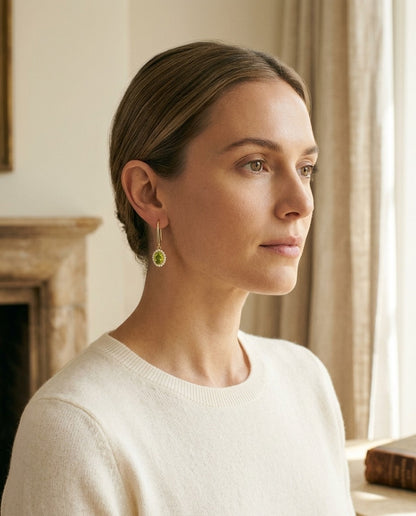 Peridot and Diamond Oval Halo Leverback Earrings in 14k Yellow Gold 1/4ctw — portrait close
