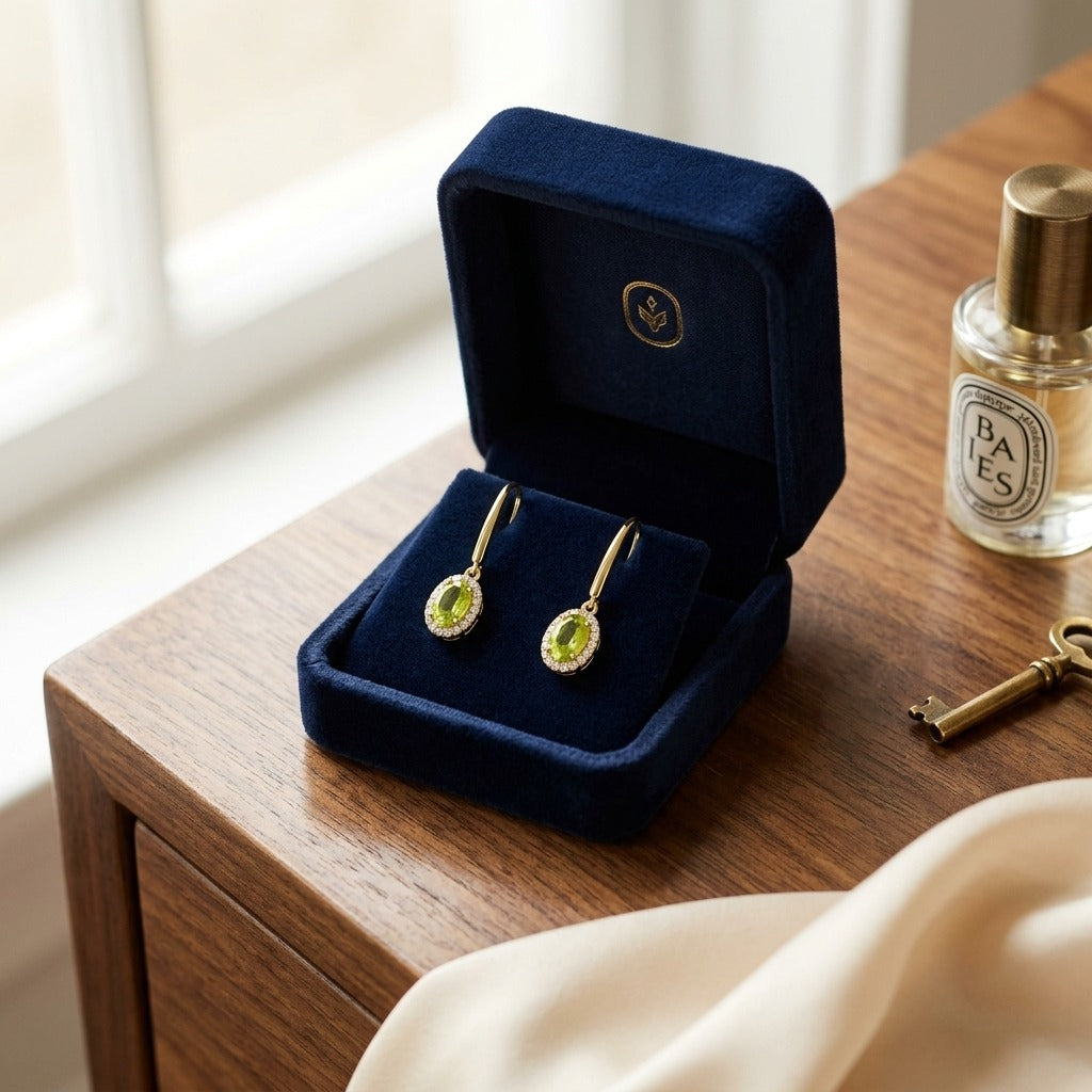 Peridot and Diamond Oval Halo Leverback Earrings in 14k Yellow Gold 1/4ctw — velvet box