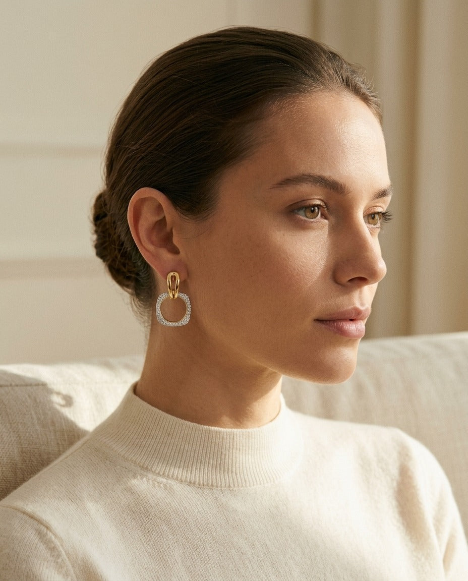 Diamond Geometric Dangle Hoop Earrings in 14k Yellow Gold 3/8ctw — portrait close