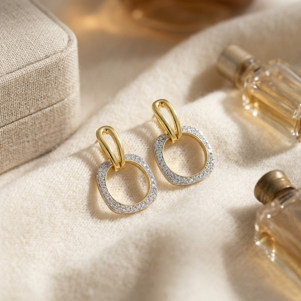 Diamond Geometric Dangle Hoop Earrings in 14k Yellow Gold 3/8ctw — textile flat lay