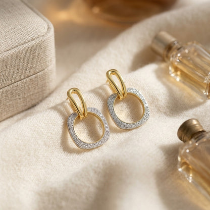 Diamond Geometric Dangle Hoop Earrings in 14k Yellow Gold 3/8ctw — textile flat lay