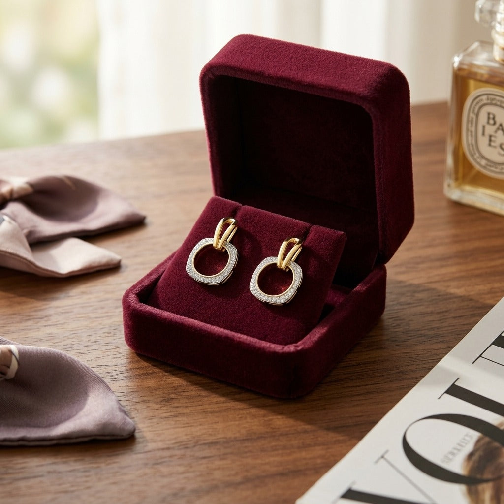 Diamond Geometric Dangle Hoop Earrings in 14k Yellow Gold 3/8ctw — velvet box