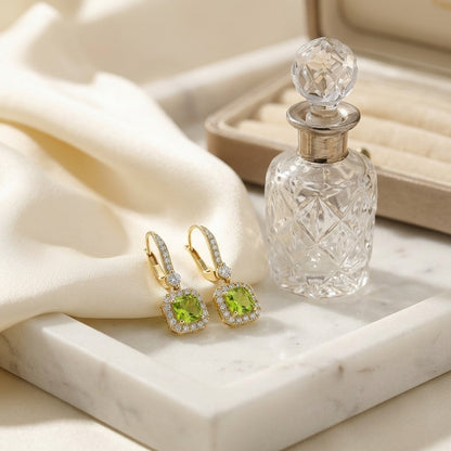 Peridot and Diamond Cushion Dangle Earrings with Pave Tops in 14k Yellow Gold (6mm) — marble silk