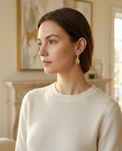 Peridot and Diamond Cushion Dangle Earrings with Pave Tops in 14k Yellow Gold (6mm) — portrait close
