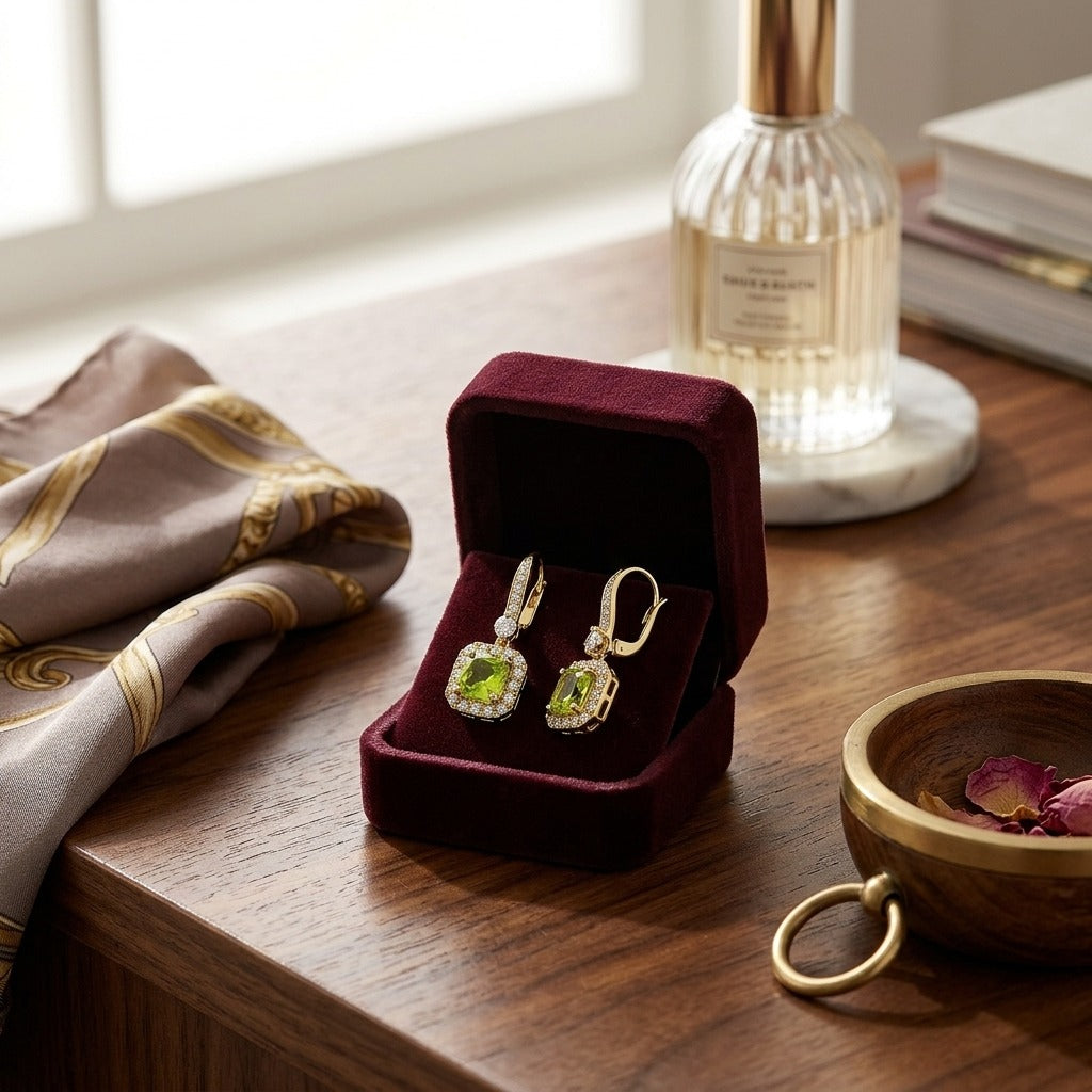 Peridot and Diamond Cushion Dangle Earrings with Pave Tops in 14k Yellow Gold (6mm) — velvet box
