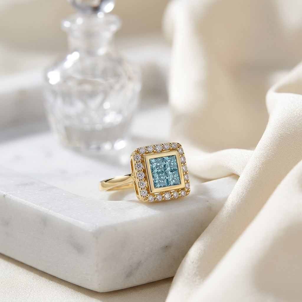 Blue Topaz And Diamond Invisible Set Cube Earrings In 14k Yellow Gold — atelier still life