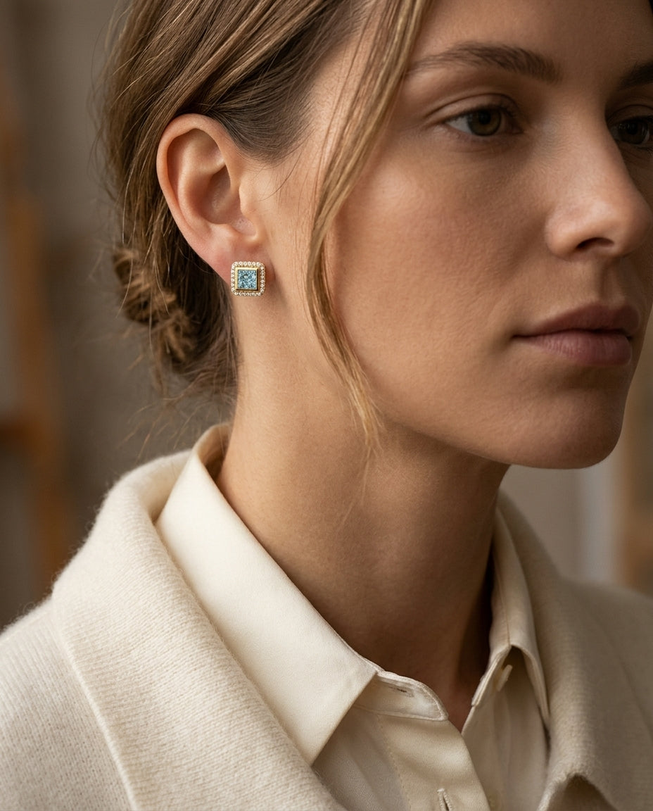 Blue Topaz And Diamond Invisible Set Cube Earrings In 14k Yellow Gold — editorial close-up
