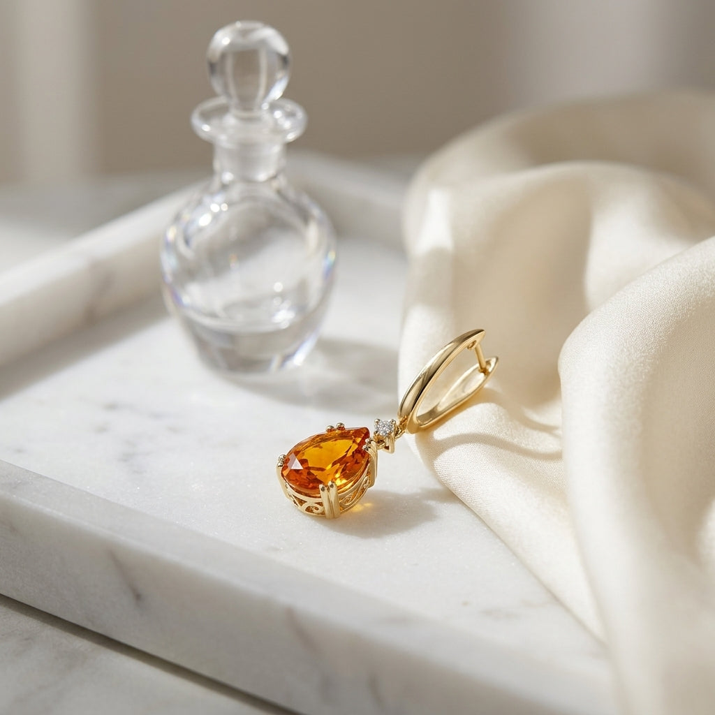 Pear Shape Citrine With Diamond Accent In 14k Yellow Gold — atelier still life
