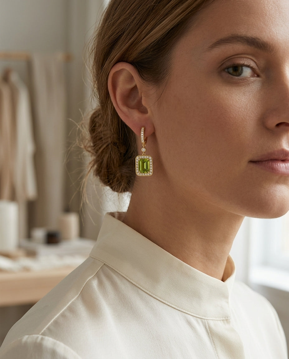 Peridot And Diamond Earrings In 14k White Gold — editorial close-up