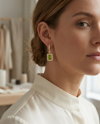 Peridot And Diamond Earrings In 14k White Gold — editorial close-up