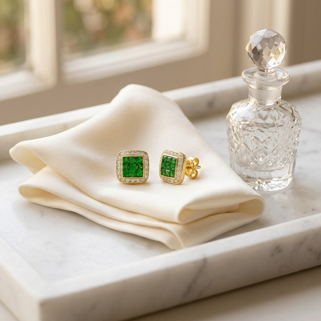 Tsavorite & Diamond Square Invisible-cut Stud Earrings In 14k Yellow Gold — marble silk