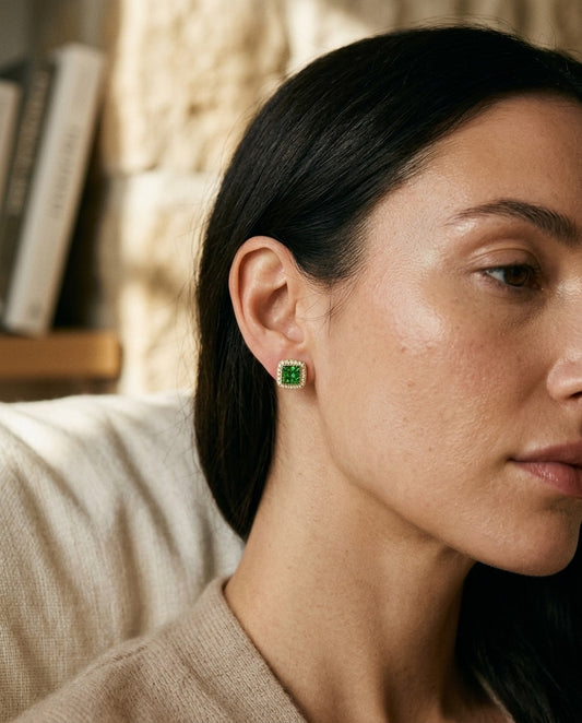 Tsavorite & Diamond Square Invisible-cut Stud Earrings In 14k Yellow Gold — portrait close