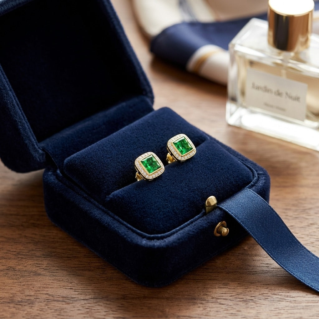 Tsavorite & Diamond Square Invisible-cut Stud Earrings In 14k Yellow Gold — velvet box