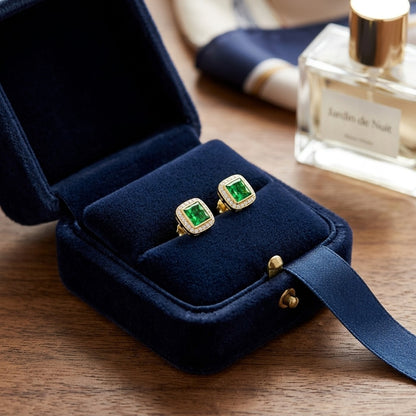 Tsavorite & Diamond Square Invisible-cut Stud Earrings In 14k Yellow Gold — velvet box