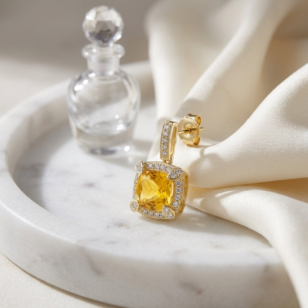 Citrine Cushion And Pave Diamond Earrings In 14k Yellow Gold (3/8 Ct. Tw.) — atelier still life