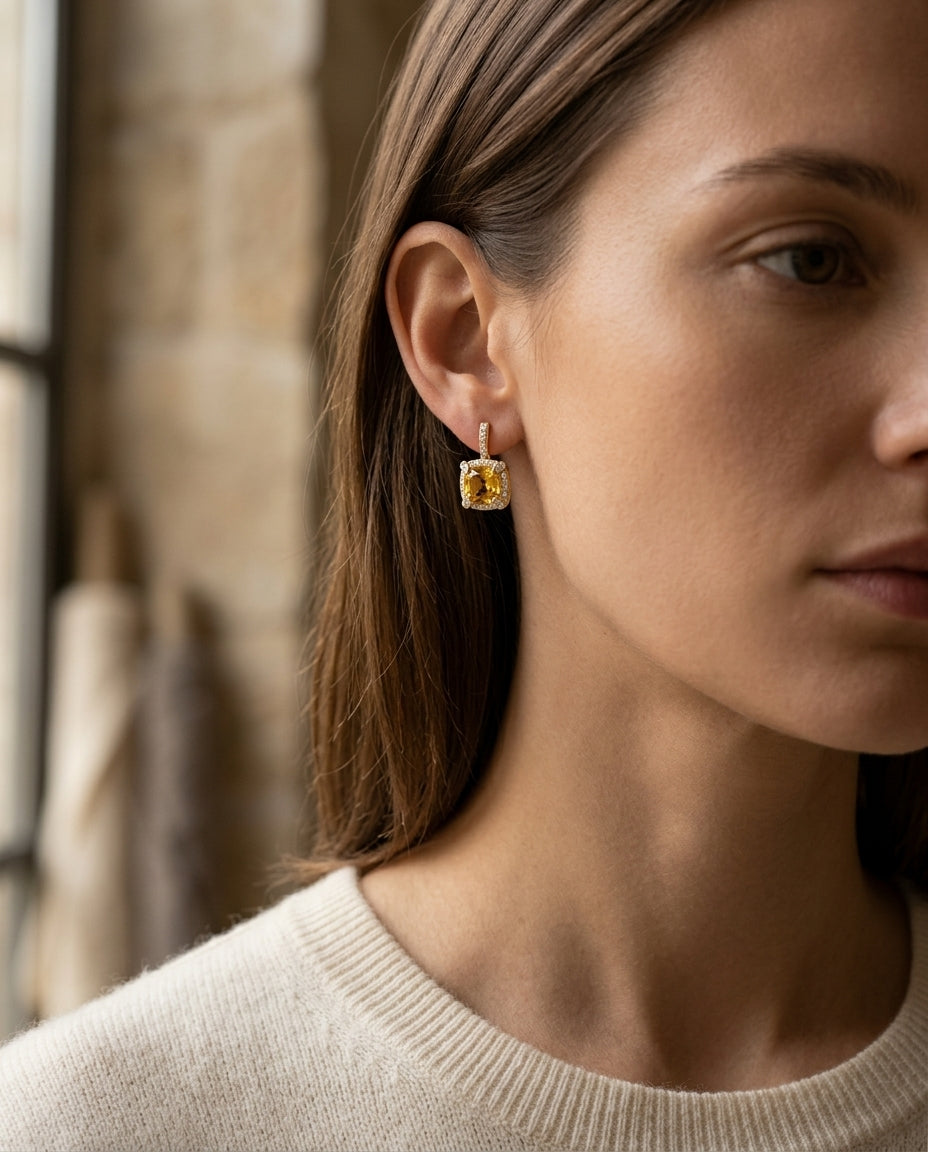 Citrine Cushion And Pave Diamond Earrings In 14k Yellow Gold (3/8 Ct. Tw.) — editorial close-up