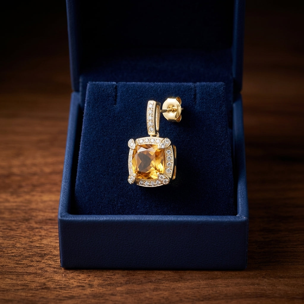 Citrine Cushion And Pave Diamond Earrings In 14k Yellow Gold (3/8 Ct. Tw.) — gift presentation