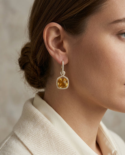 Citrine Cabachon Cushion And Diamond Earrings In 14k Yellow Gold ( 5/8 Ct. Tw.) — editorial close-up