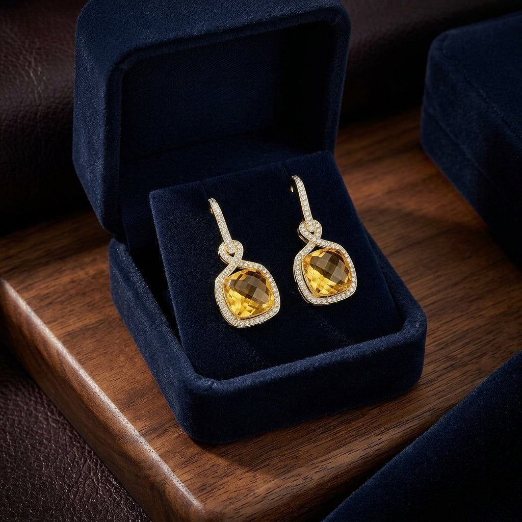 Citrine Cabachon Cushion And Diamond Earrings In 14k Yellow Gold ( 5/8 Ct. Tw.) — gift presentation