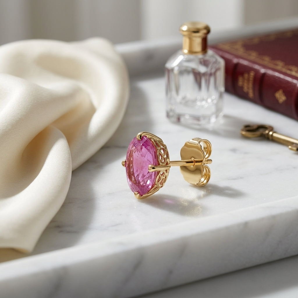 Pink Sapphire Stud Earings In 14k Yellow Gold (7x5mm) — atelier still life