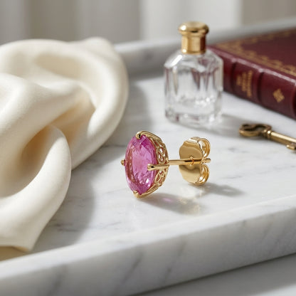 Pink Sapphire Stud Earings In 14k Yellow Gold (7x5mm) — atelier still life