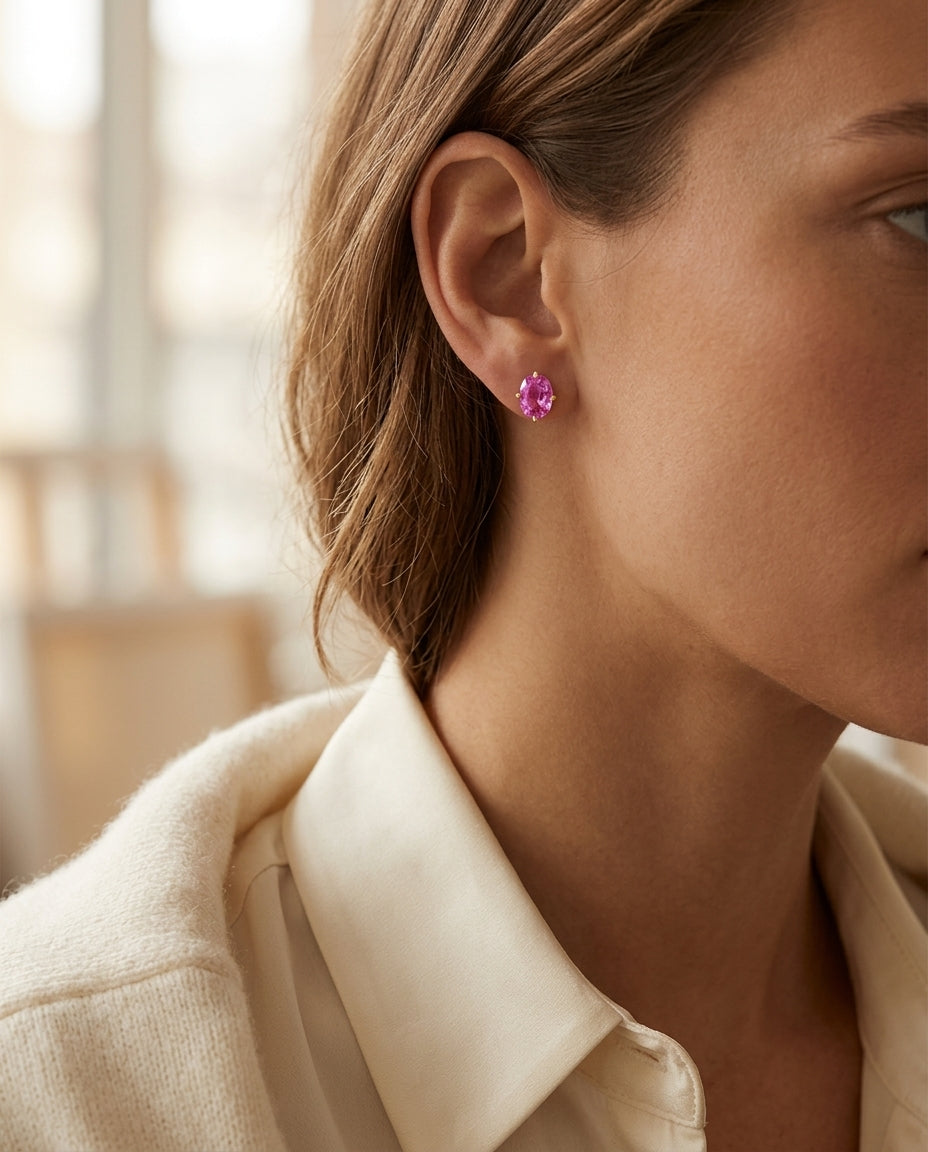 Pink Sapphire Stud Earings In 14k Yellow Gold (7x5mm) — editorial close-up