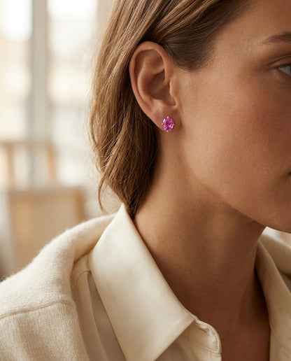 Pink Sapphire Stud Earings In 14k Yellow Gold (7x5mm) — editorial close-up