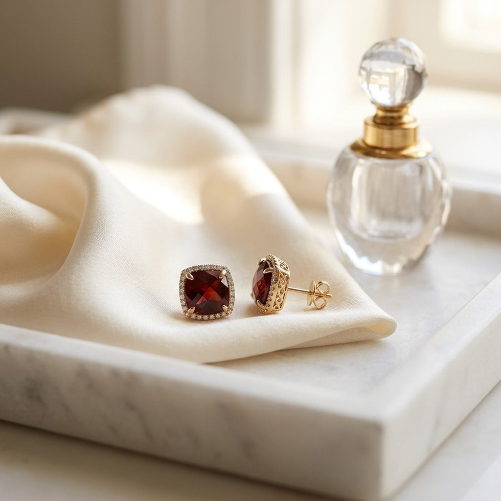 Garnet Cushion And Pave Diamond Earrings In 14k Yellow Gold (1/5 Ct. Tw.) — marble silk