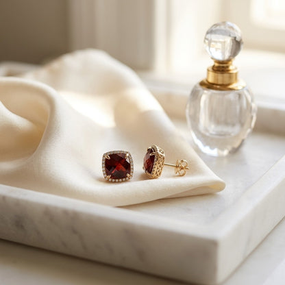 Garnet Cushion And Pave Diamond Earrings In 14k Yellow Gold (1/5 Ct. Tw.) — marble silk