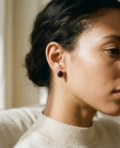 Garnet Cushion And Pave Diamond Earrings In 14k Yellow Gold (1/5 Ct. Tw.) — portrait close