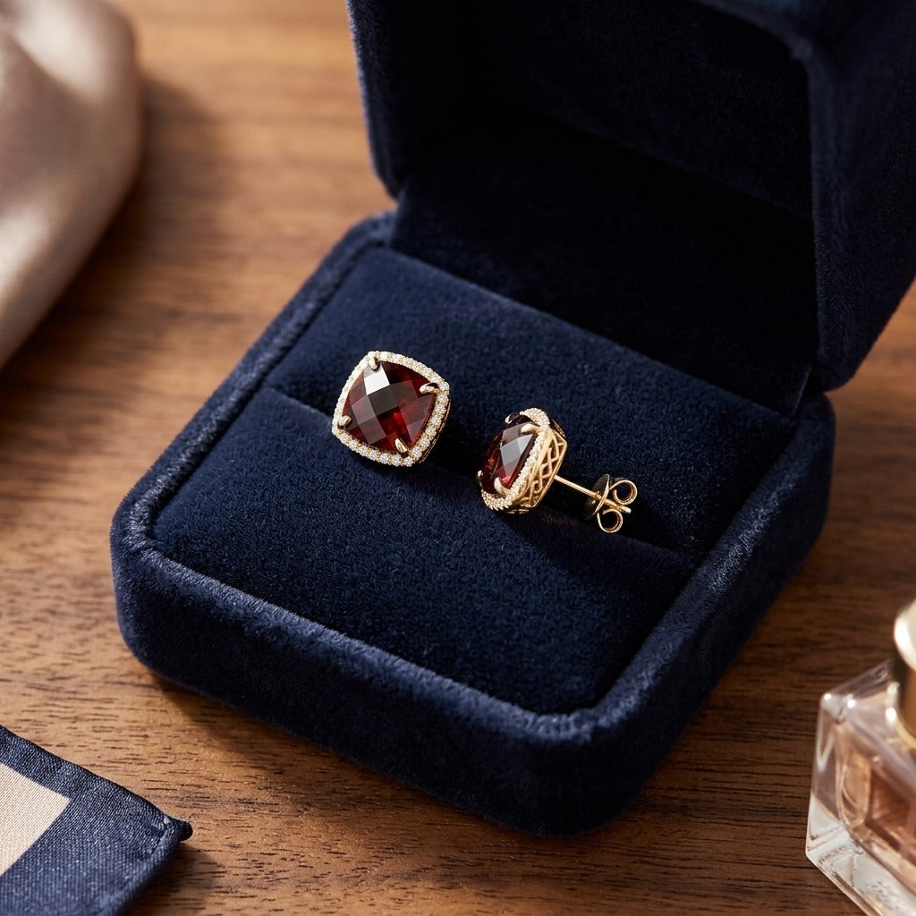 Garnet Cushion And Pave Diamond Earrings In 14k Yellow Gold (1/5 Ct. Tw.) — velvet box