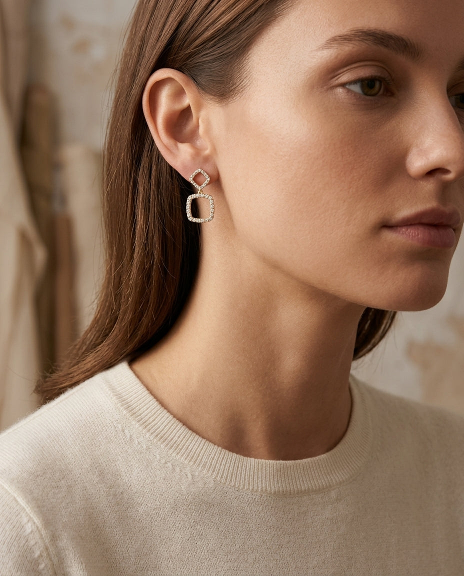 Diamond Geometric Dangle Earrings In 14k Yellow Gold — editorial close-up