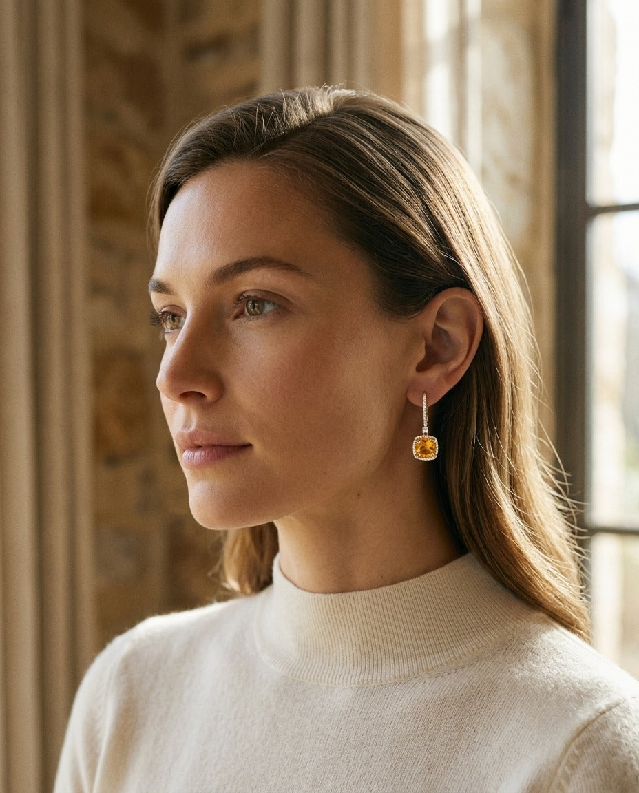 Citrine And Diamond Halo Cushion Dangle Earrings In 14k Yellow Gold 1/4ctw — portrait close