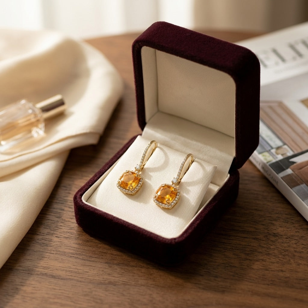 Citrine And Diamond Halo Cushion Dangle Earrings In 14k Yellow Gold 1/4ctw — velvet box