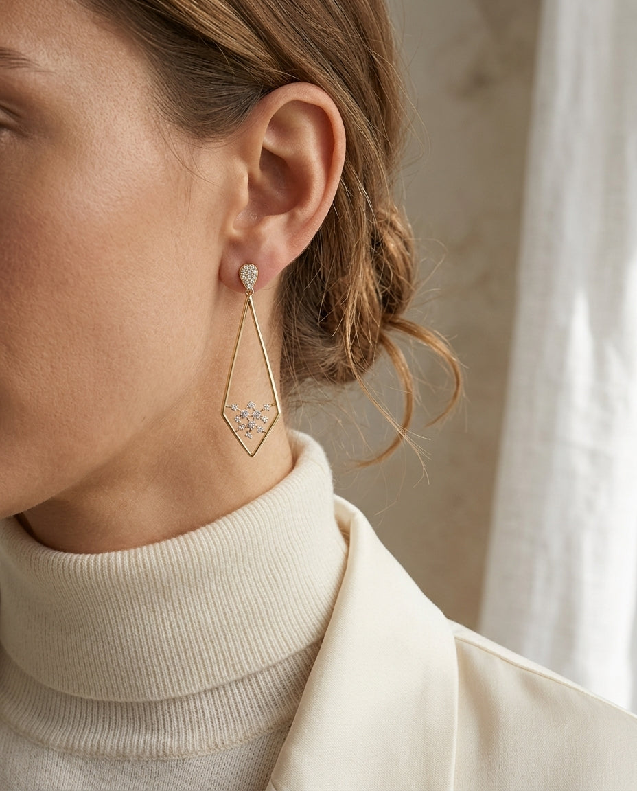 Diamond Pave Elongated Diamond Shaped Earrings In 14k Yellow Gold (3/8 Ct.tw.) — editorial close-up
