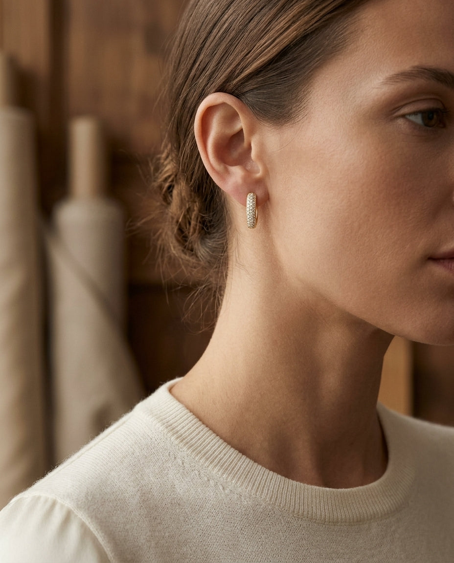 Micro Pave Diamond Huggie Earrings In 14k Yellow Gold 1/3ctw — editorial close-up
