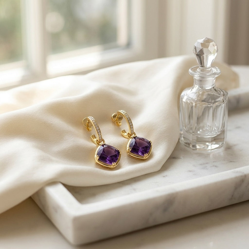 Amethyst Cushion Bezel Dangle Earrings with Pave Diamond Tops in 14k Yellow Gold — marble silk