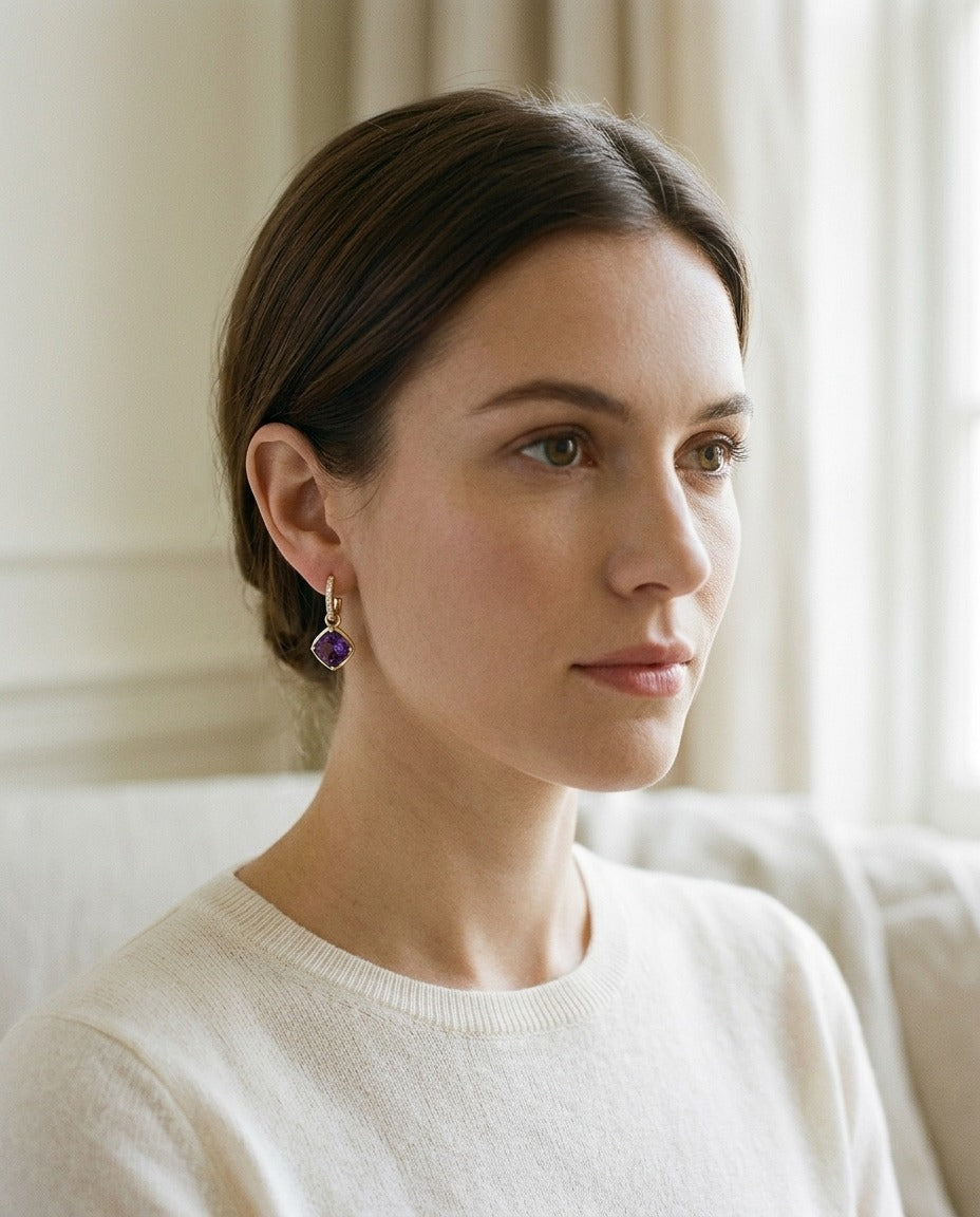 Amethyst Cushion Bezel Dangle Earrings with Pave Diamond Tops in 14k Yellow Gold — portrait close