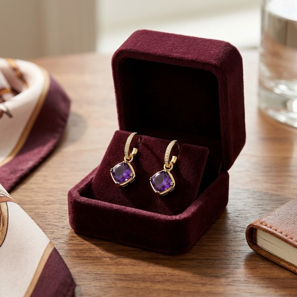 Amethyst Cushion Bezel Dangle Earrings with Pave Diamond Tops in 14k Yellow Gold — velvet box