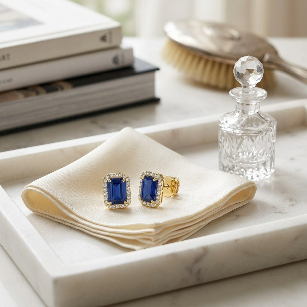 Sapphire and Diamond Octagon Halo Earring in 14k Yellow Gold 0.22ctw — marble silk
