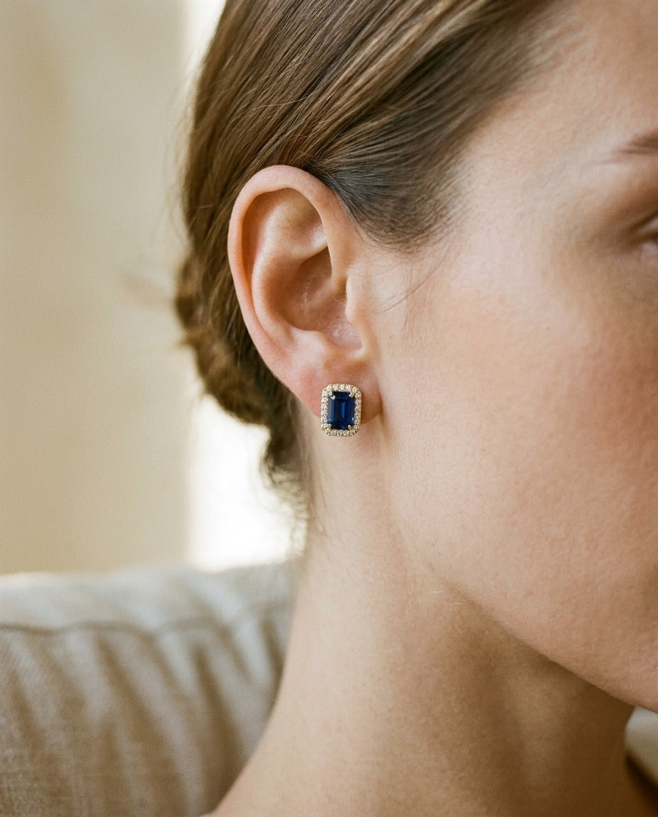 Sapphire and Diamond Octagon Halo Earring in 14k Yellow Gold 0.22ctw — portrait close