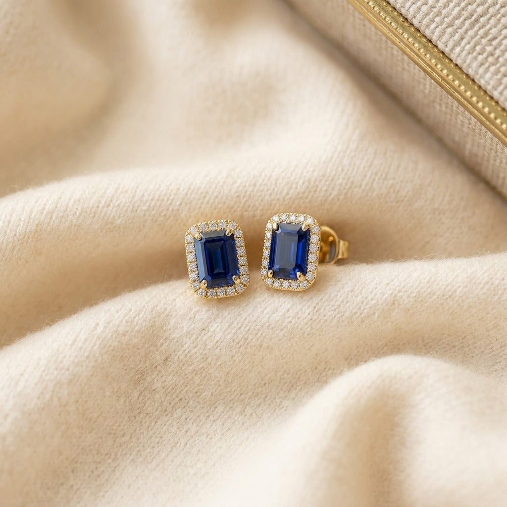 Sapphire and Diamond Octagon Halo Earring in 14k Yellow Gold 0.22ctw — textile flat lay