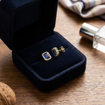 Sapphire and Diamond Octagon Halo Earring in 14k Yellow Gold 0.22ctw — velvet box