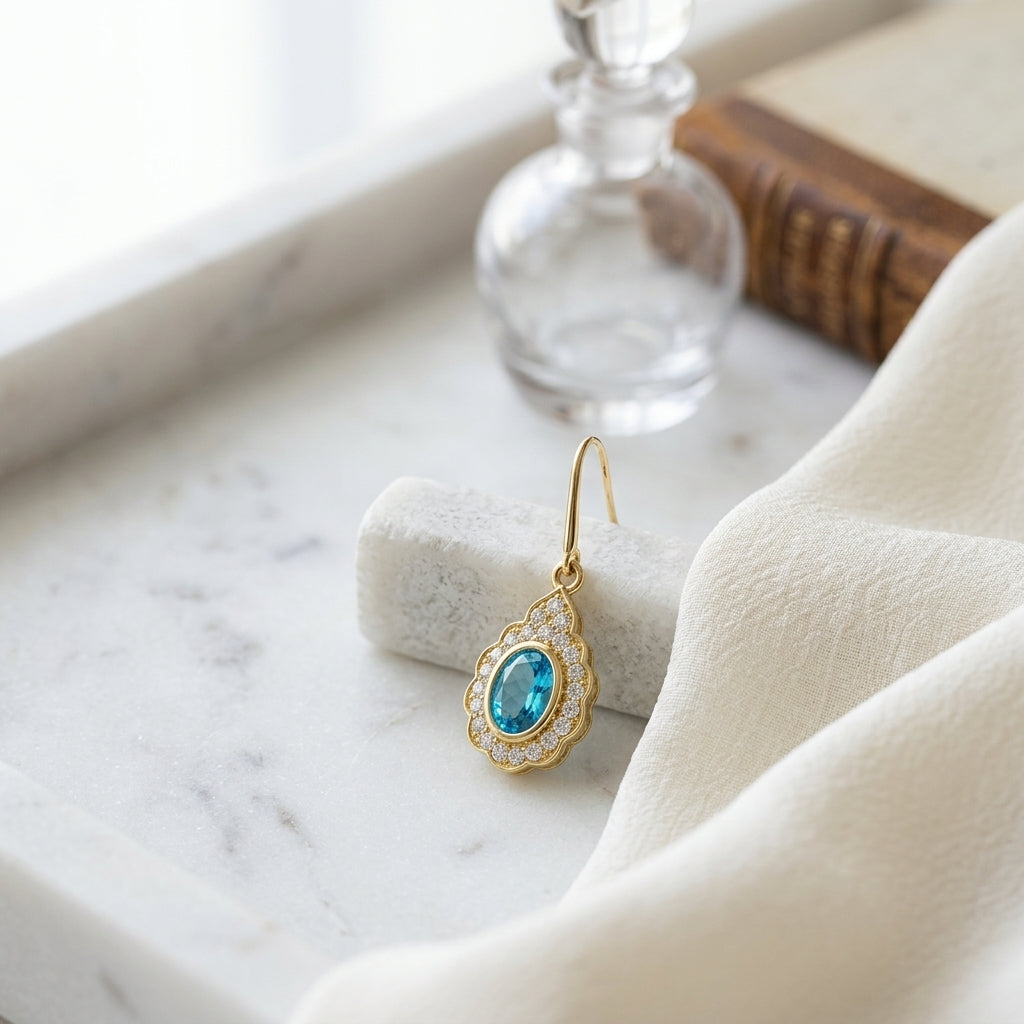 Blue Topaz And Diamond Oval Bezel Leverback Earrings With Teardrop Scallop Frame In 14k Yellow Gold 1/2ctw — atelier still life