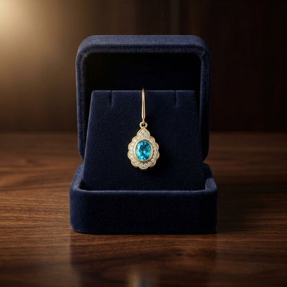 Blue Topaz And Diamond Oval Bezel Leverback Earrings With Teardrop Scallop Frame In 14k Yellow Gold 1/2ctw — gift presentation